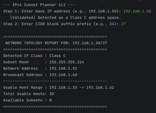 Terminal showing Python CLI Subnet output
